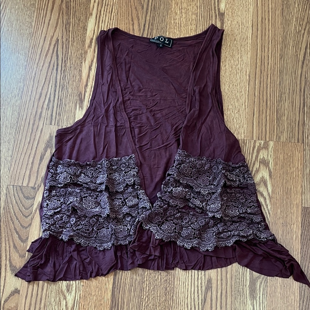 NWOT POL Burgundy Ruffled Open Front Sleeveless Cardigan